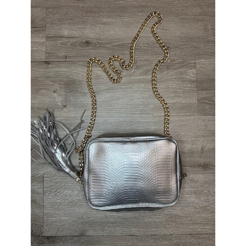 Silver Metallic Snake Embossed Crossbody Bag Chain Strap Tassel Purse Shoulder - Picture 3 of 7